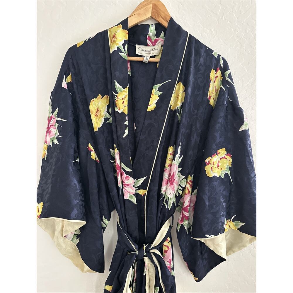 Christian Dior 1size LUXURY HEAVY Kimono Floral Robe in Navy & Yellow SILK STORY